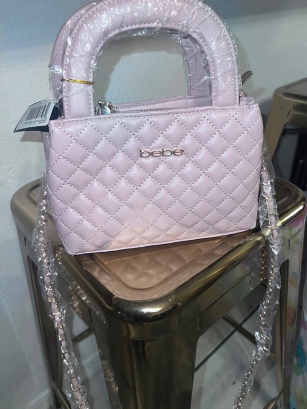 bebe Quilted Mini Satchel in Light Pink with Gold Logo